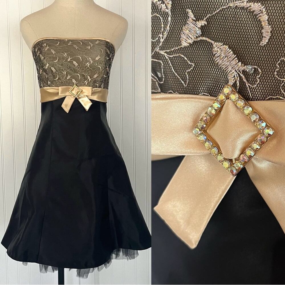 Vintage 80s Strapless Prom Dress Bow Rhinestone Crinoline Black Satin Gold XS